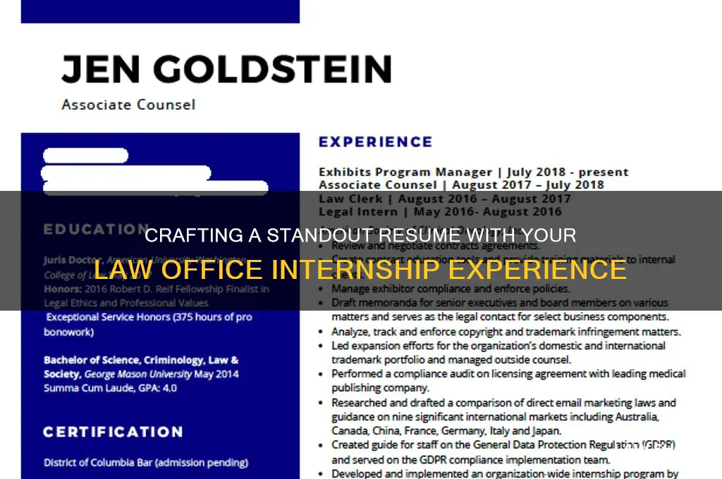 how to put a law office internship into a resume